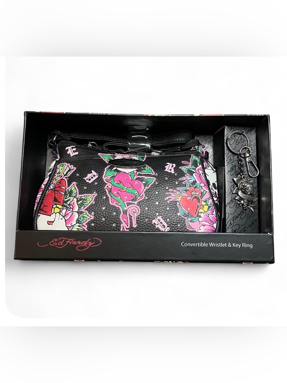 Ed Hardy Black Wristlet and keychain with Pink & Green Tattoo Floral Print